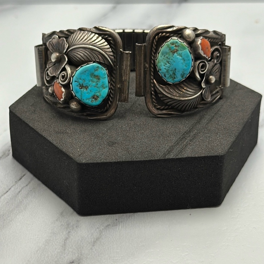 Large Sterling Signed Navajo Native Turquoise and Coral Silver Watch Band
